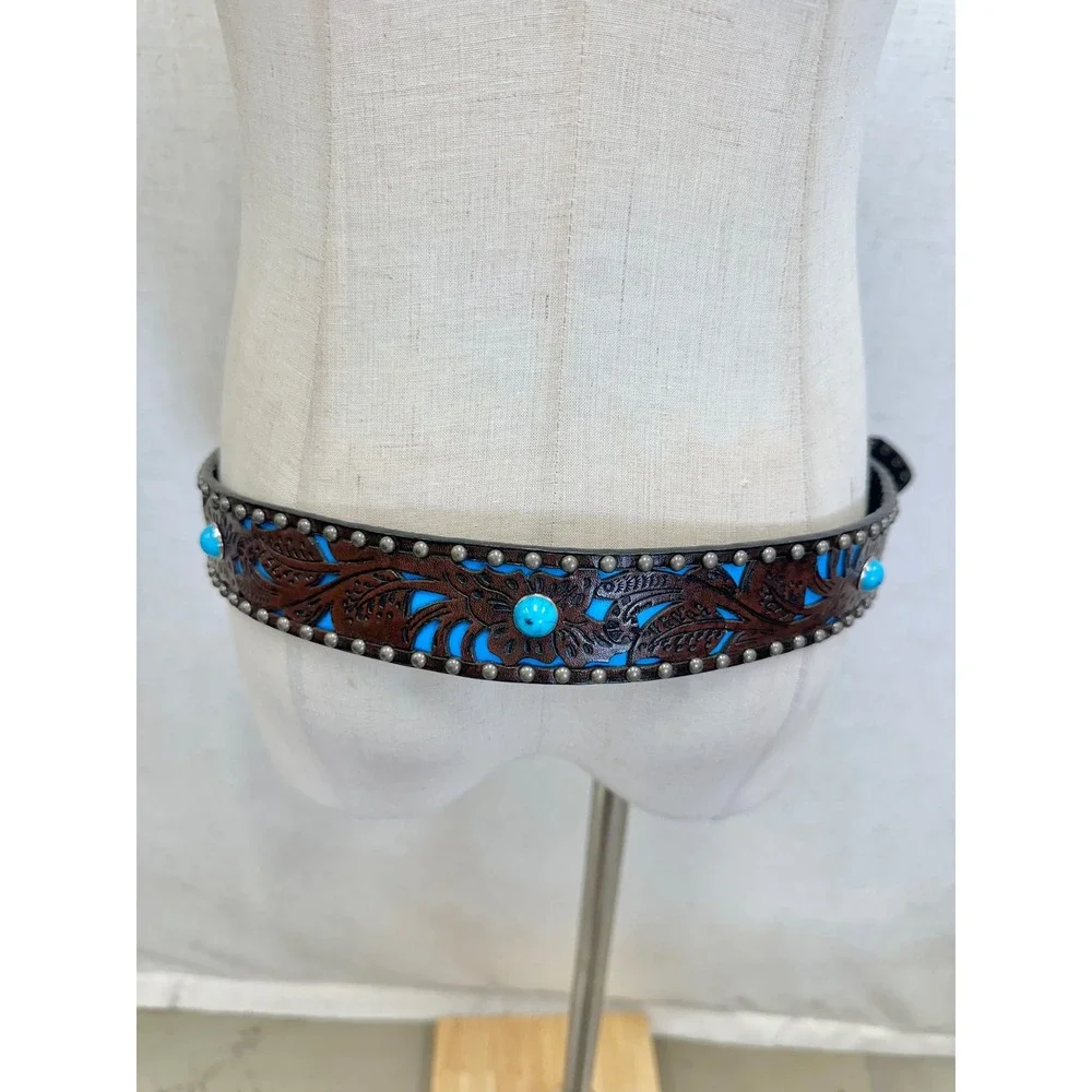 Leather Turquoise Floral Tooled Western Belt Womens Medium/Large Vegan‎ Leather